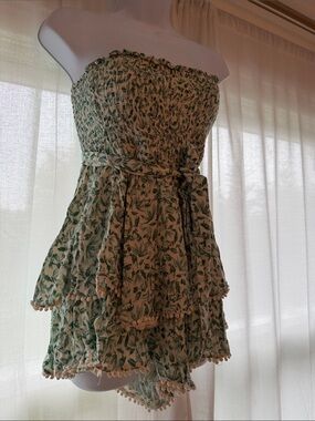 Strapless Green Leaf Print Mini Romper Size L